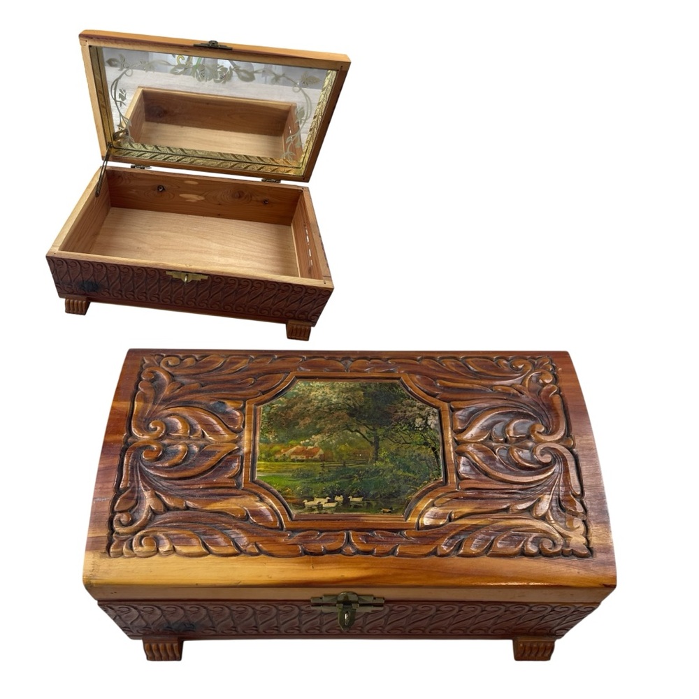 Vintage Ceader Jewelry Box Countryside Lake Trees Scene With Mirror In Lid
